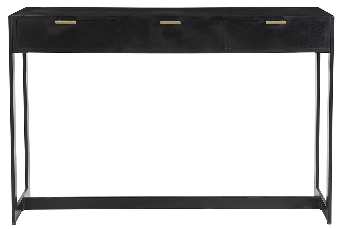 Console noire � 3 tiroirs avec poign�es dor�es, vue de face.