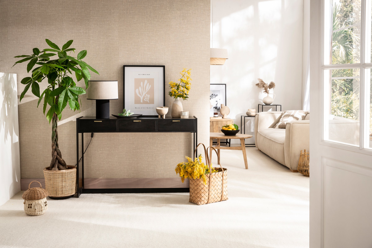 Console noire design avec trois tiroirs dans un salon moderne, plantes et d�corations.