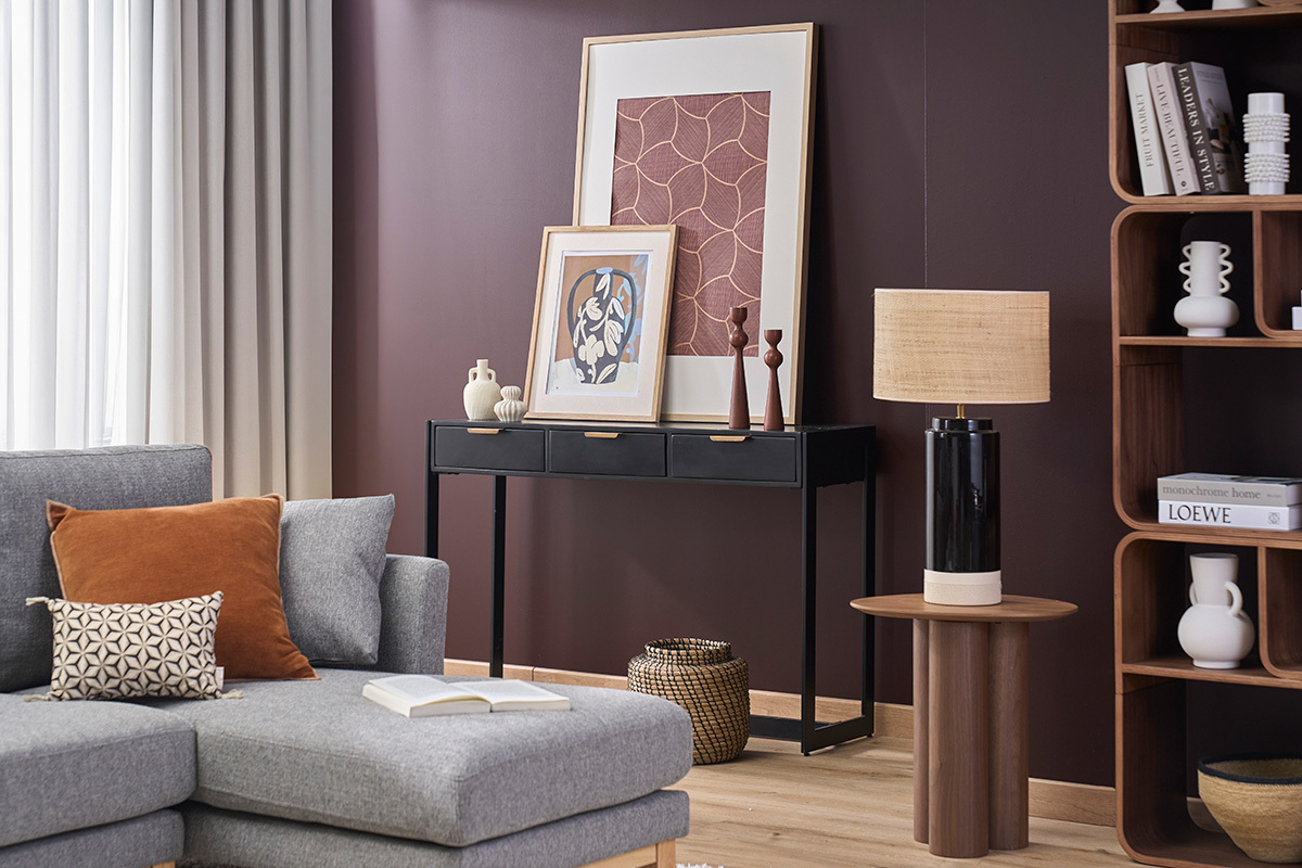 Console design avec rangements 3 tiroirs noire et m�tal L115 cm AVIDAN