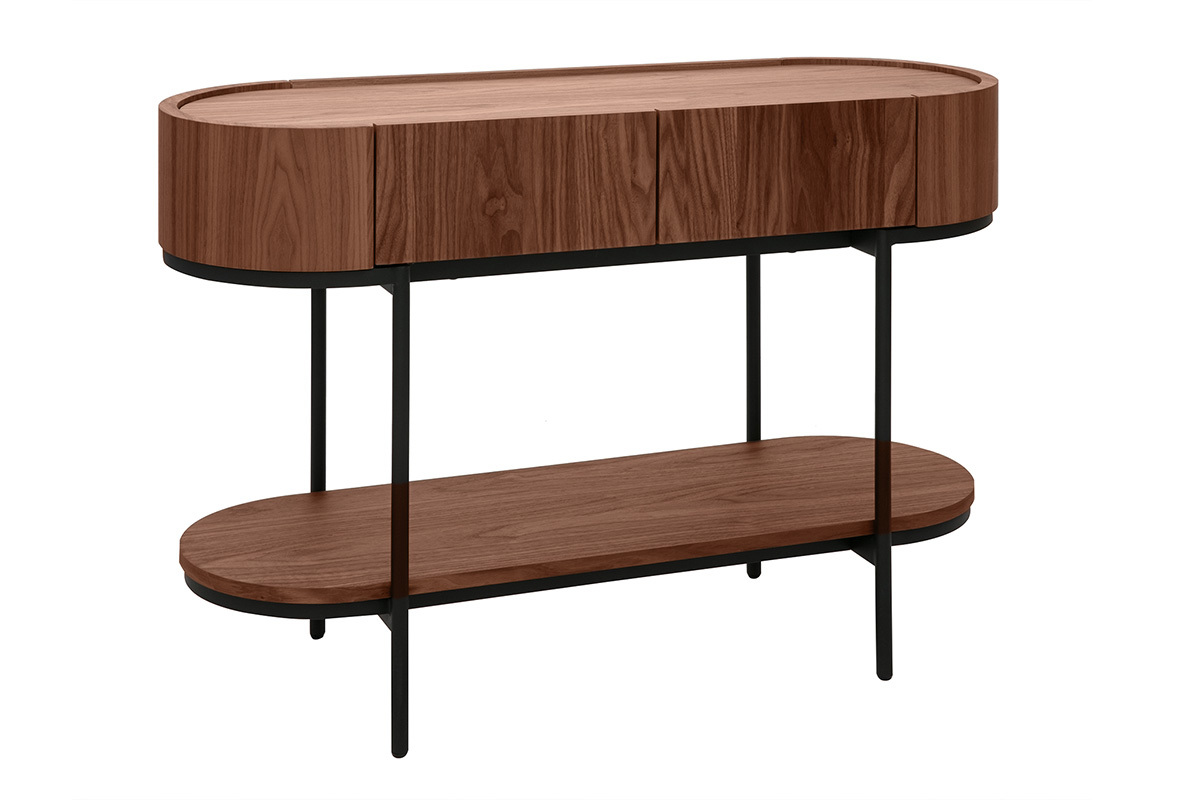 Console en bois fonc� noyer avec m�tal noir, vue de 3/4, deux tiroirs et plateau bas.