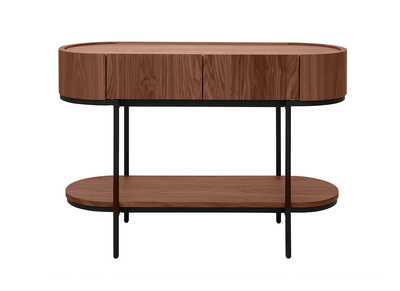 Console design avec tiroirs en bois fonc&eacute; noyer et m&eacute;tal noir L110 cm SKYE