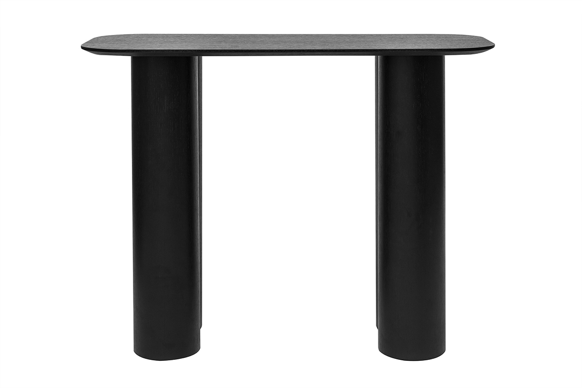 Console design en bois noir, vue de face, avec plateau arrondi et pieds cylindriques, L100 cm.