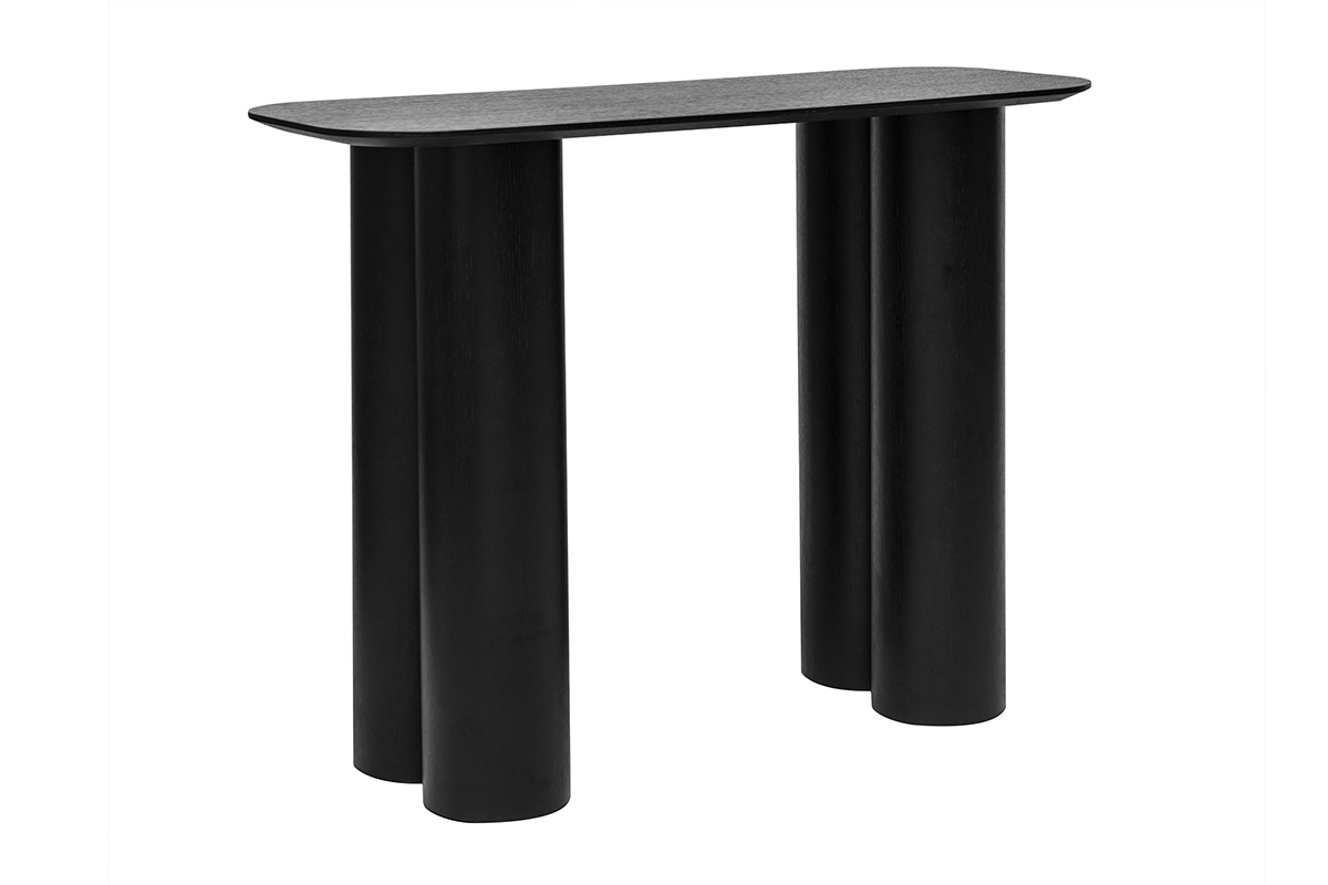 Console design en bois noir, pieds cylindriques, vue de 3/4.