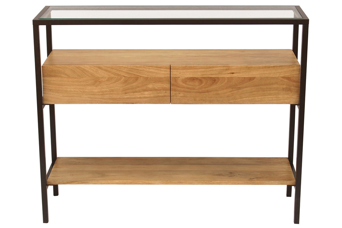 Console SITA en manguier massif et verre, deux tiroirs, vue de face, dimensions L100 cm.