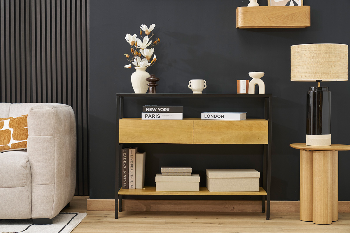 Console en bois clair manguier massif avec plateau en verre et 2 tiroirs, vue de face