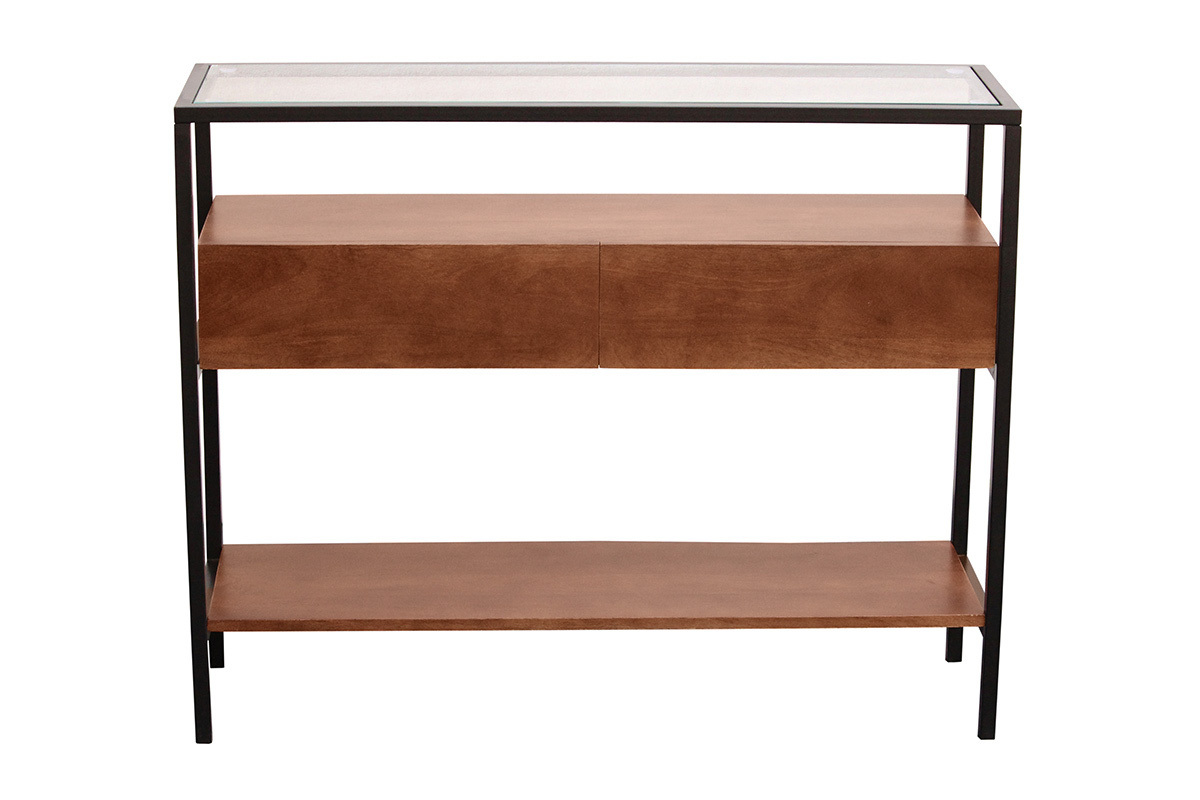 Console en bois fonc� manguier avec plateau en verre et deux tiroirs, vue de face.