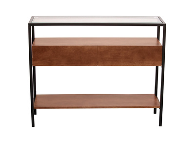 Console en bois fonc&eacute; manguier massif et plateau en verre 2 tiroirs L100 cm SITA