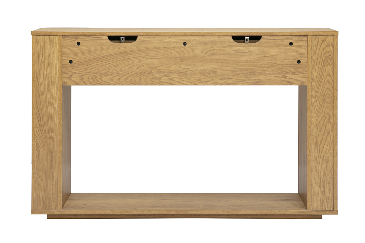 Console en bois clair de ch�ne avec deux tiroirs, vue de dos.