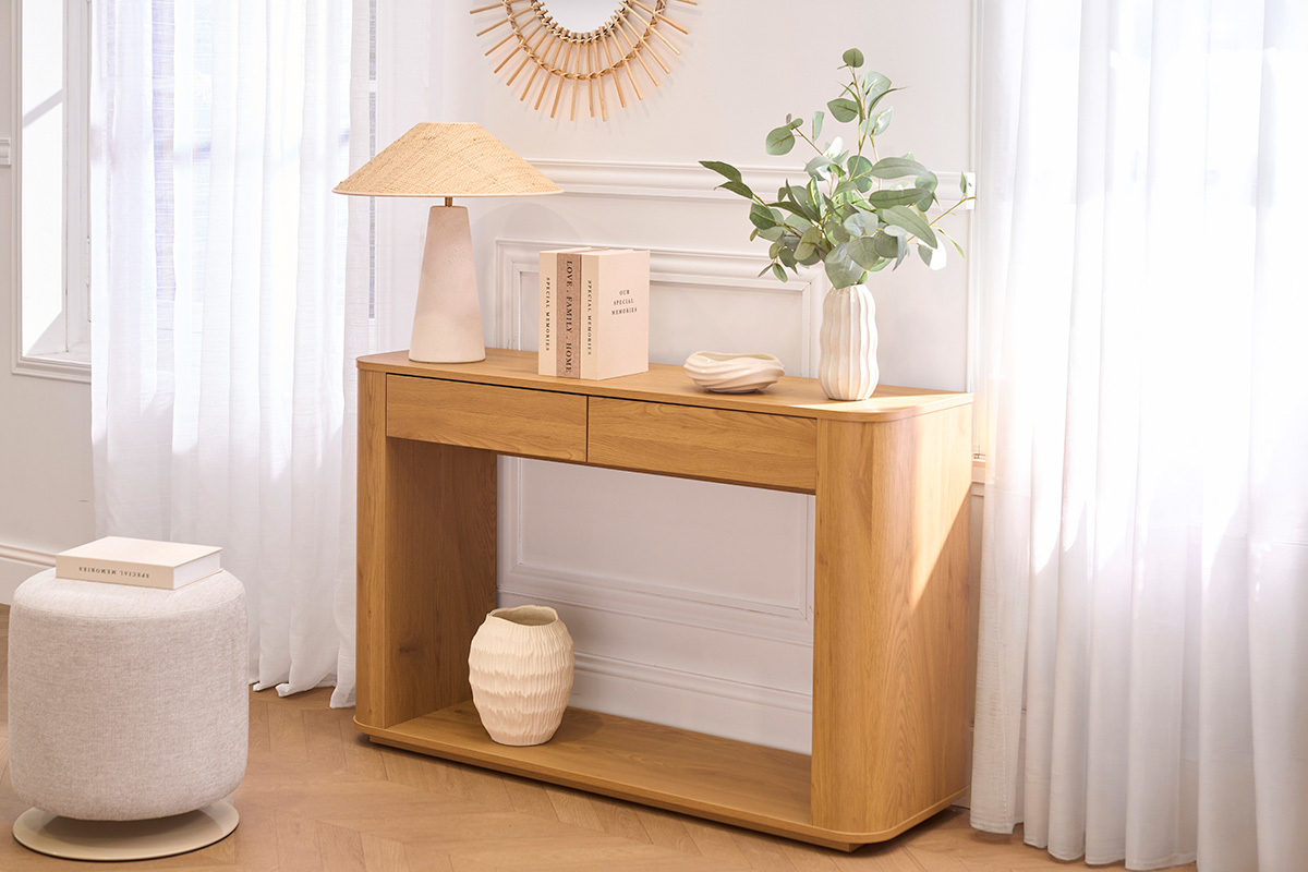 Console finition bois clair ch�ne 2 tiroirs L120 cm NEGAN