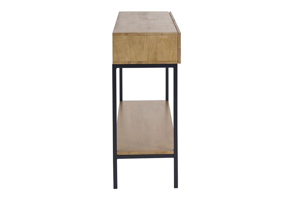 Console industrielle en bois manguier massif et m�tal noir, vue de profil, avec 2 tiroirs et un plateau inf�rieur.