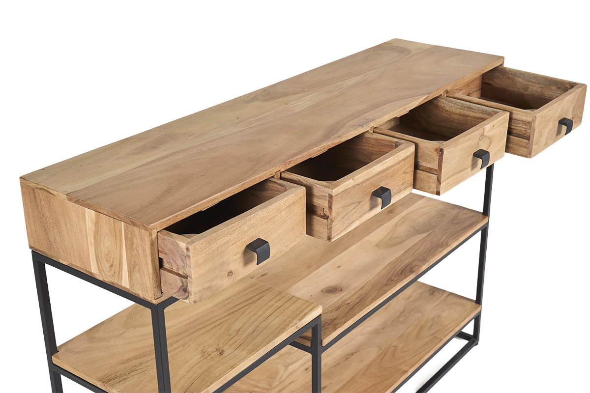 Console industrielle en bois d'acacia et m�tal noir avec 4 tiroirs ouverts, vue de 3/4.