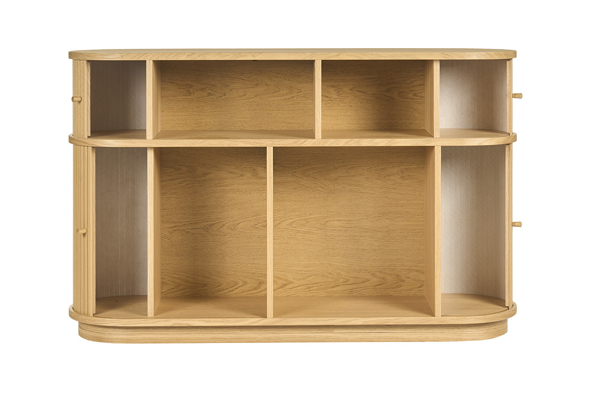 Console en bois clair ch�ne avec portes coulissantes, vue de face.