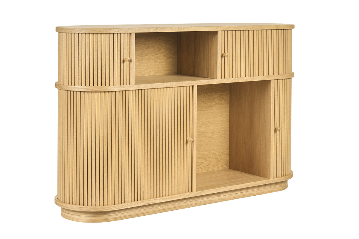 Console vintage en bois clair avec portes coulissantes, vue de trois quarts.