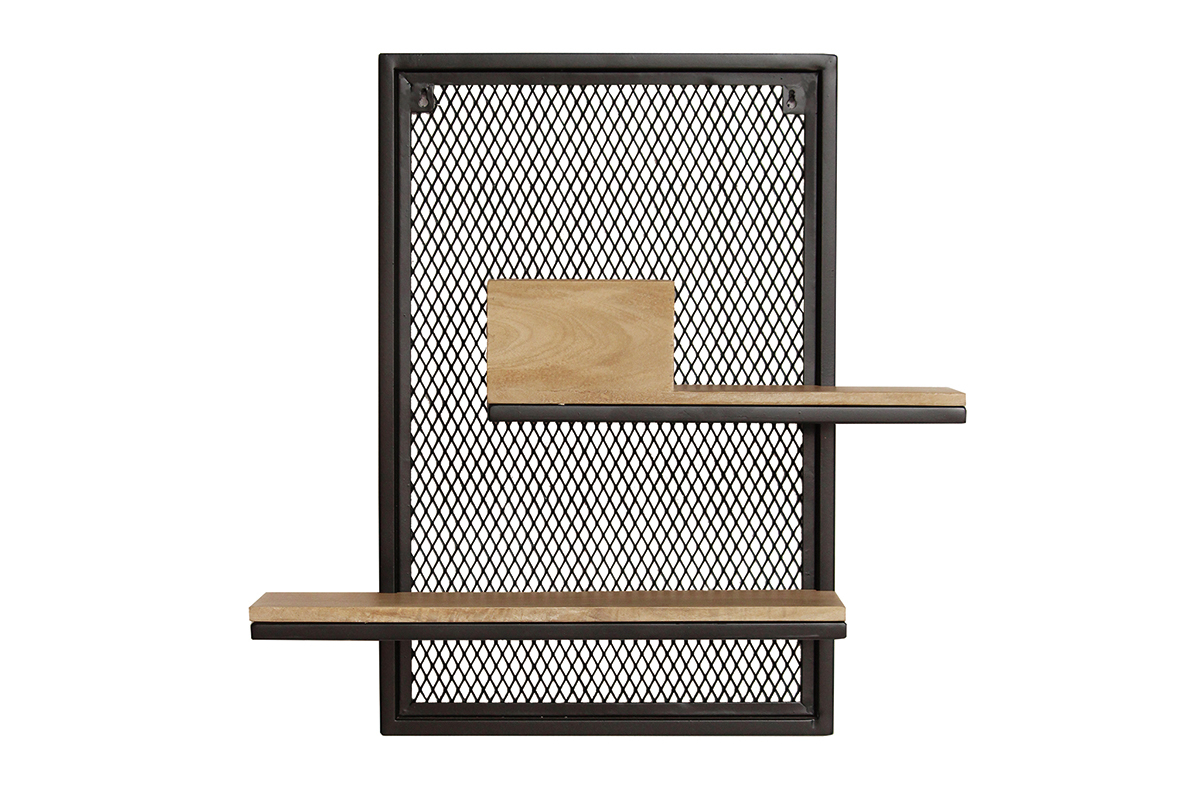 Etag�re murale double en bois manguier massif et m�tal noir L40 cm RACK