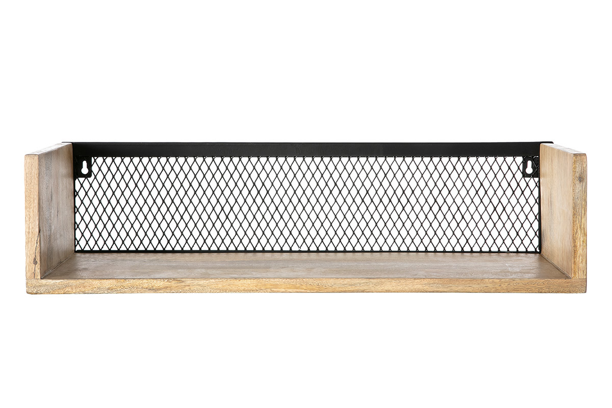 �tag�re murale industrielle en bois manguier et m�tal noir, vue de face, dimensions L60 cm.