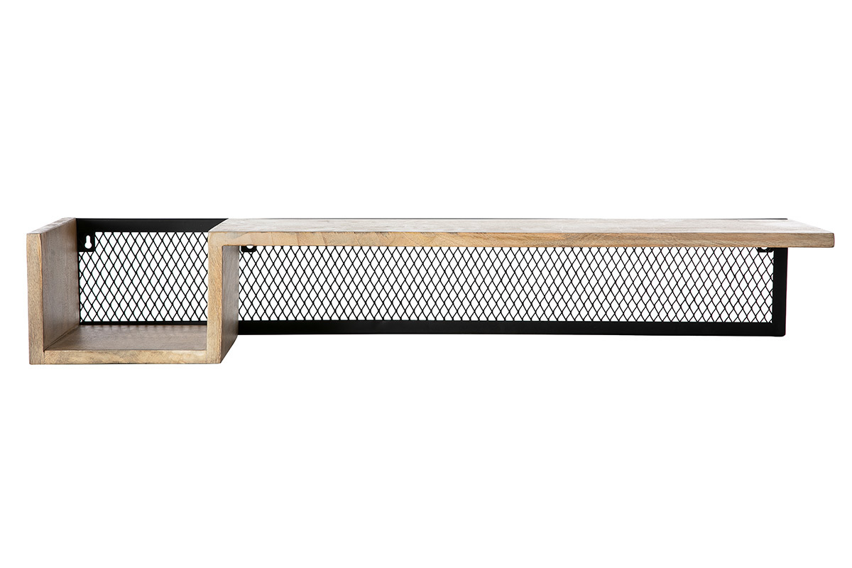 �tag�re murale industrielle en bois manguier et m�tal noir, vue de face, L90 cm
