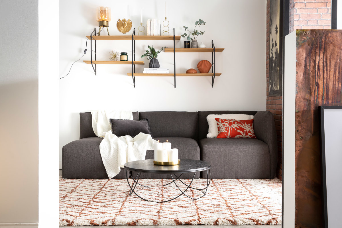 Etag�re murale XL modulable en bois clair et m�tal noir L191 cm BRIDGE