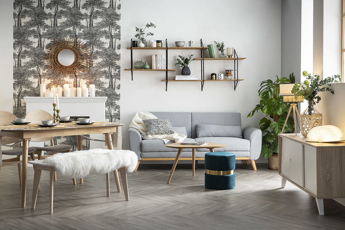 Etag�re murale XL modulable en bois clair et m�tal noir L191 cm BRIDGE