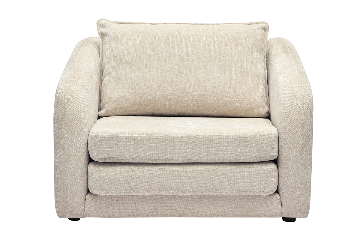 Fauteuil convertible beige effet velours textur� vu de face.