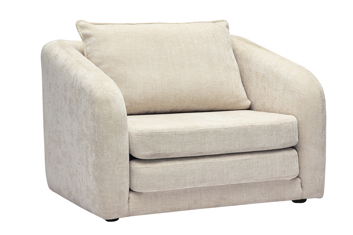 Fauteuil convertible beige en tissu effet velours textur� avec accoudoirs arrondis, vue 3/4.