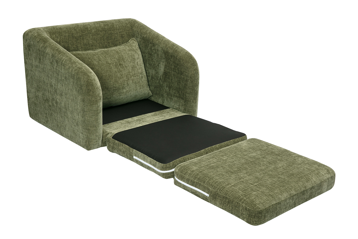 Fauteuil convertible en velours textur� vert kaki, vue avec matelas d�pli�.