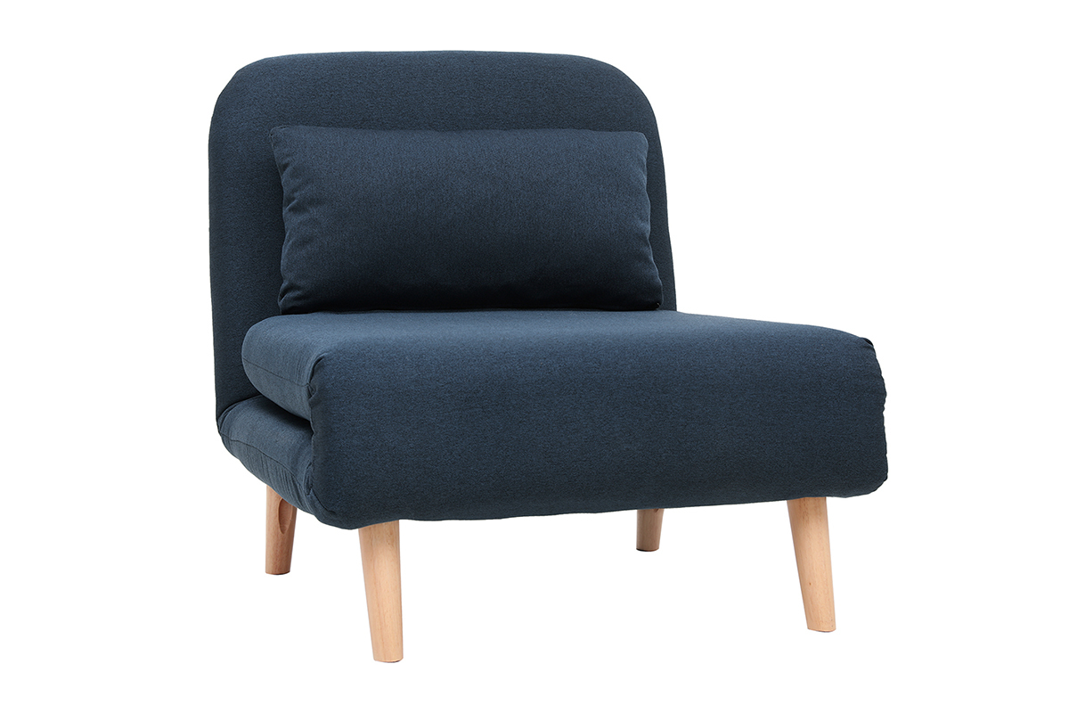 Fauteuil convertible scandinave bleu fonc� et bois clair vue de 3/4.