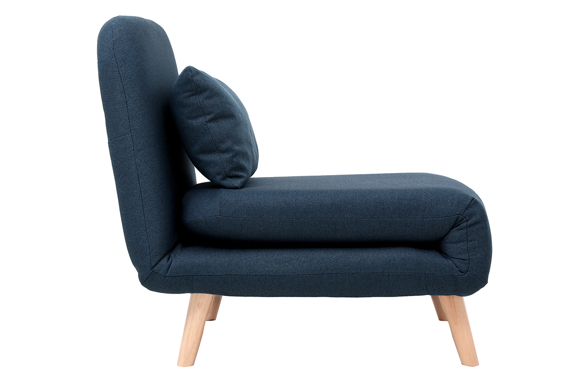 Fauteuil convertible bleu fonc� avec pieds en bois clair, vue de c�t�.