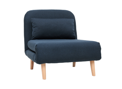 Fauteuil convertible scandinave en tissu bleu fonc&eacute; et bois clair AMIKO