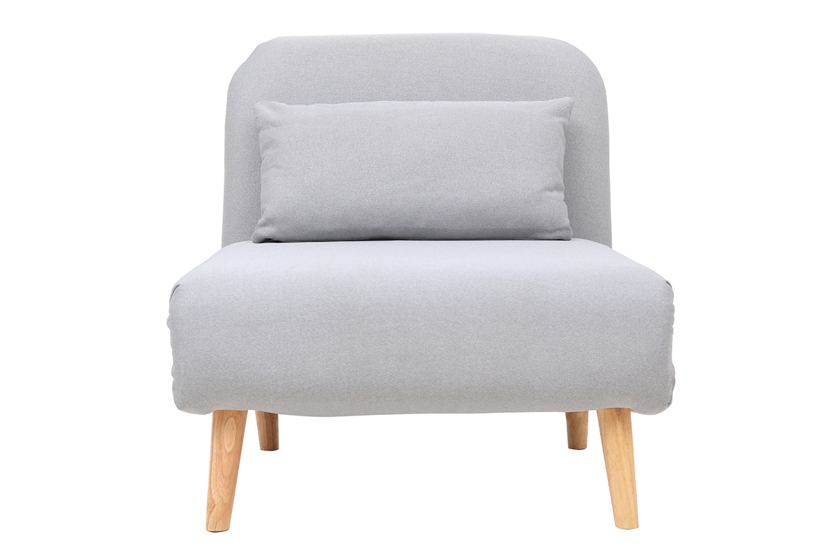 Fauteuil convertible scandinave gris clair avec pieds en bois clair, vue de face.