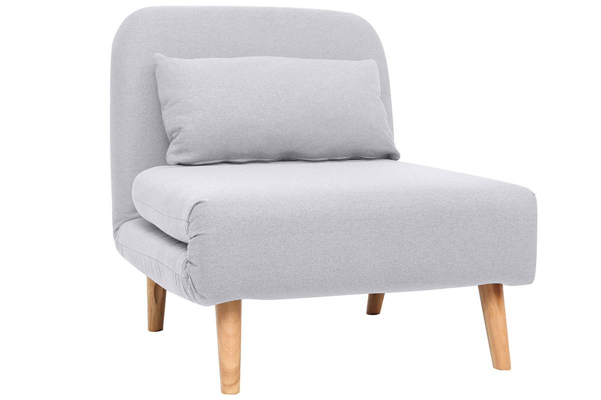 Fauteuil convertible scandinave en tissu gris clair et bois clair, vue de 3/4.