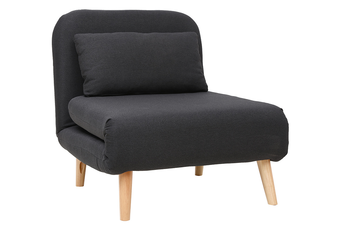 Fauteuil convertible scandinave en tissu gris fonc� et bois clair AMIKO