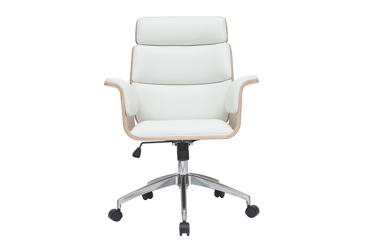 Fauteuil de bureau � roulettes design blanc, bois clair et acier chrom� ELON