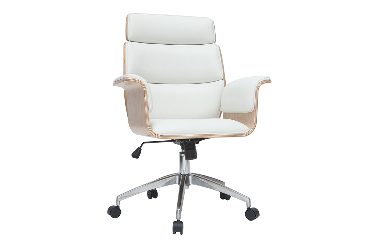 Fauteuil de bureau � roulettes design blanc, bois clair et acier chrom� ELON