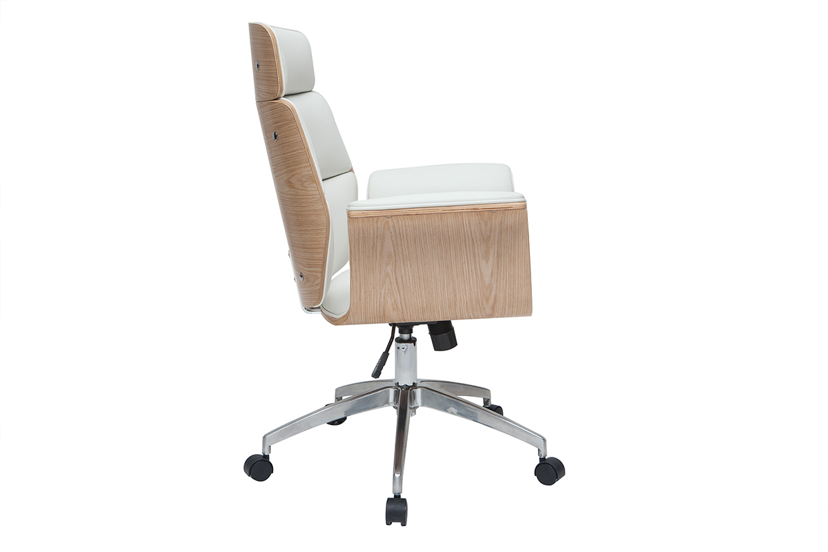 Fauteuil de bureau � roulettes design blanc, bois clair et acier chrom� ELON