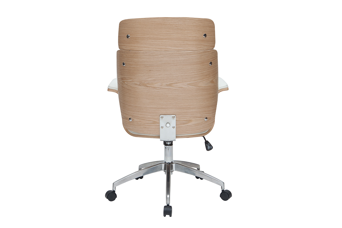 Fauteuil de bureau � roulettes design blanc, bois clair et acier chrom� ELON