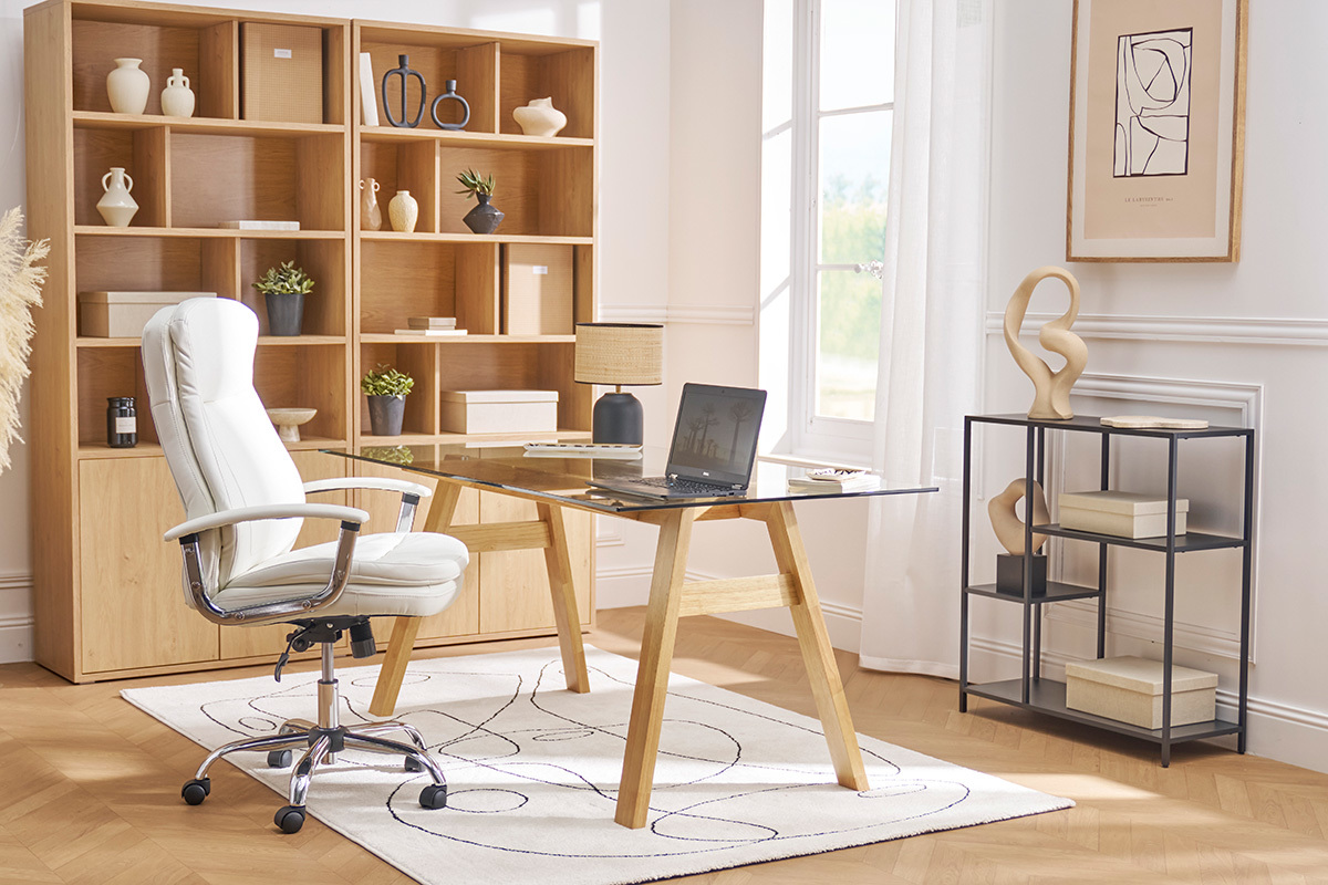 Fauteuil de bureau � roulettes design blanc et acier chrom� WALL STREET