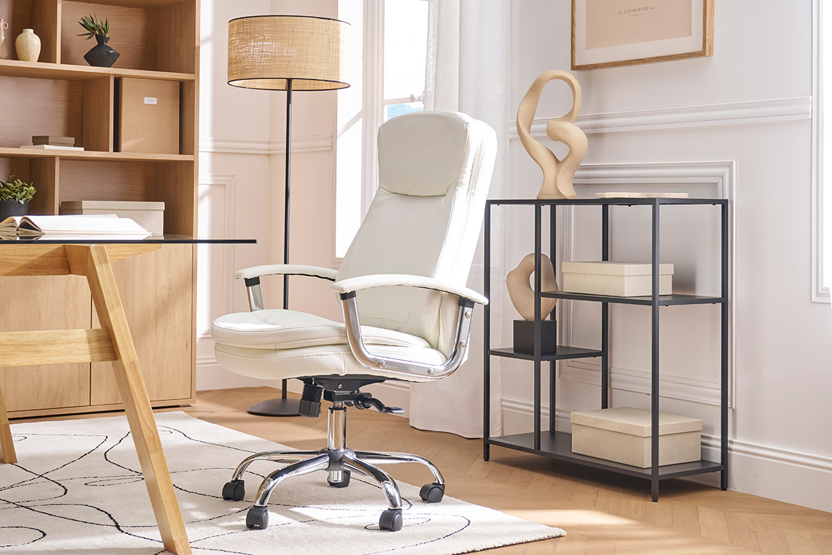 Fauteuil de bureau � roulettes design blanc et acier chrom� WALL STREET