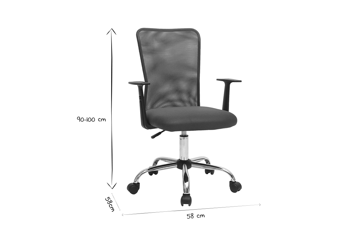 Fauteuil de bureau en mesh avec dimensions 90-100 cm hauteur et 58 cm largeur, noir et blanc.