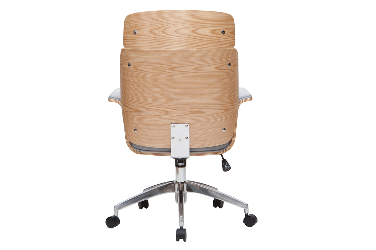 Fauteuil de bureau ELON vu de dos, bois clair, tissu gris, roulettes, acier chrom�.