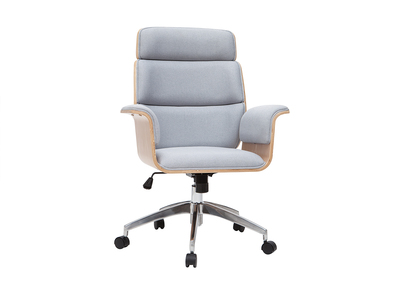 Fauteuil de bureau &agrave; roulettes design en tissu gris clair, bois clair et acier chrom&eacute; ELON