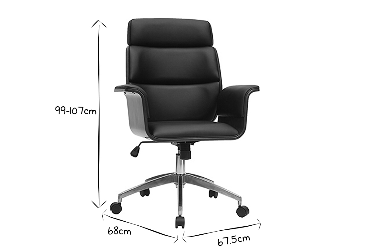 Fauteuil de bureau � roulettes design noir, bois fonc� noyer et acier chrom� ELON