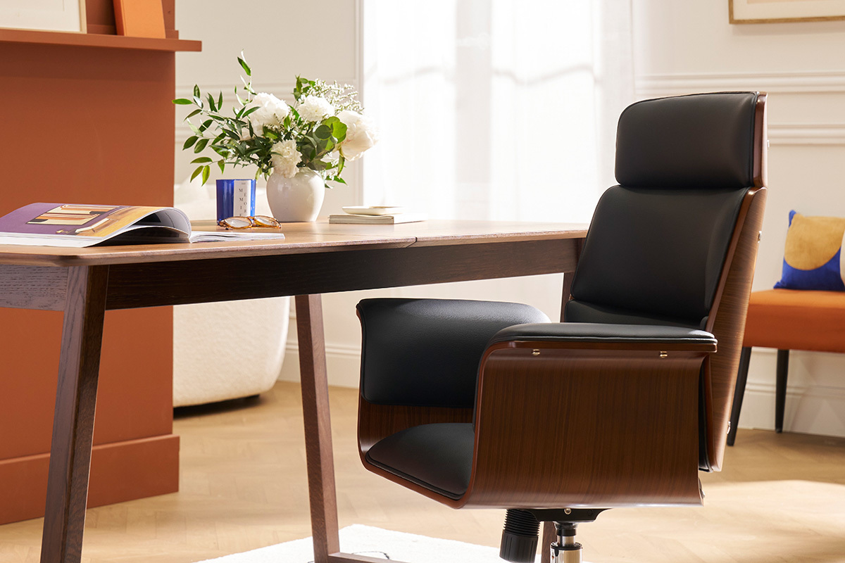 Fauteuil de bureau � roulettes design noir, bois fonc� noyer et acier chrom� ELON