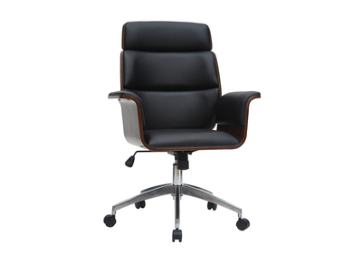 Fauteuil de bureau &agrave; roulettes design noir, bois fonc&eacute; noyer et acier chrom&eacute; ELON