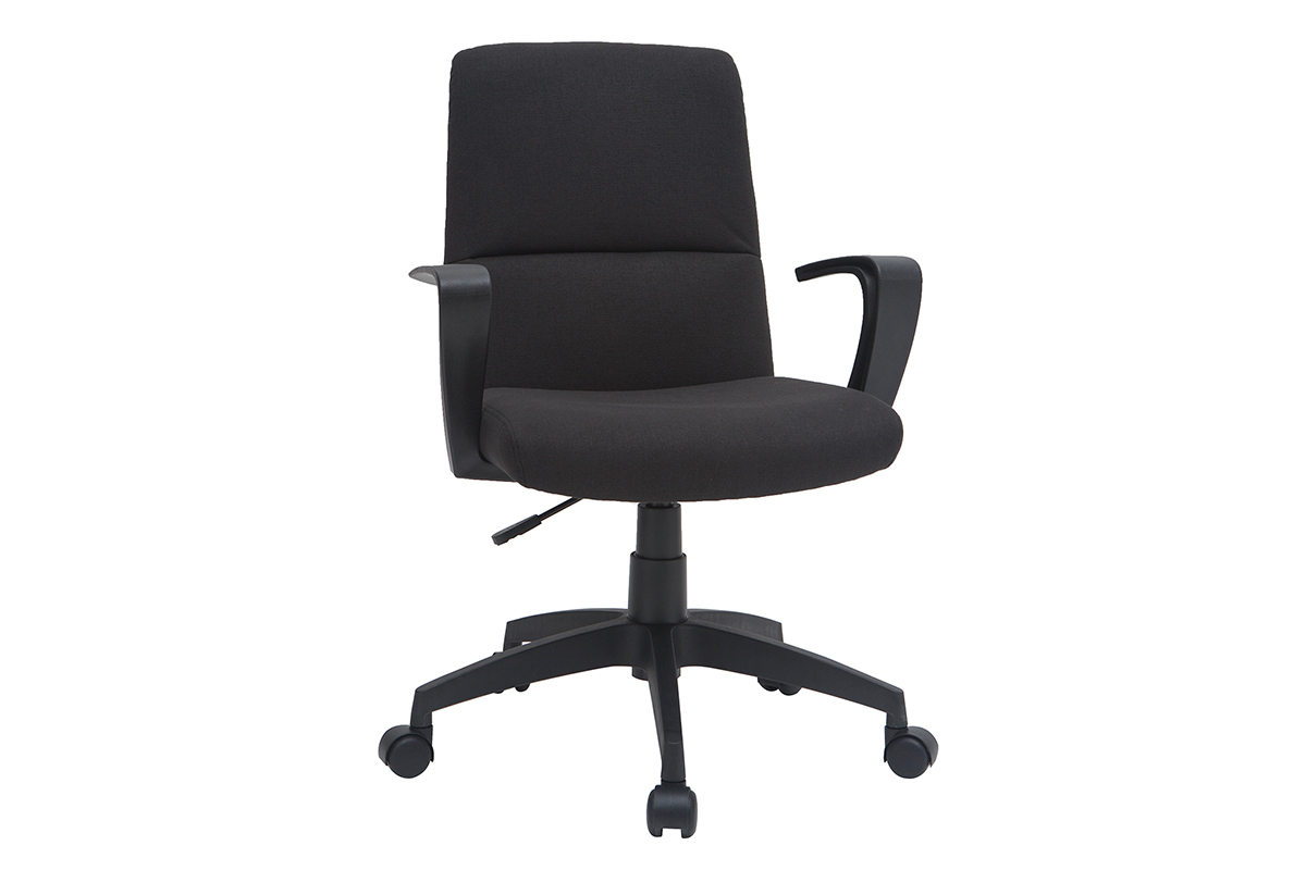 Fauteuil de bureau noir � roulettes, accoudoirs et base en m�tal, vue de 3/4.