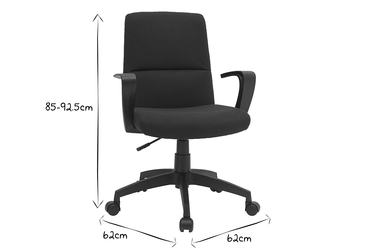 Dimensions du fauteuil de bureau CHUCK : hauteur 85-92,5 cm, largeur 62 cm, en noir et blanc.