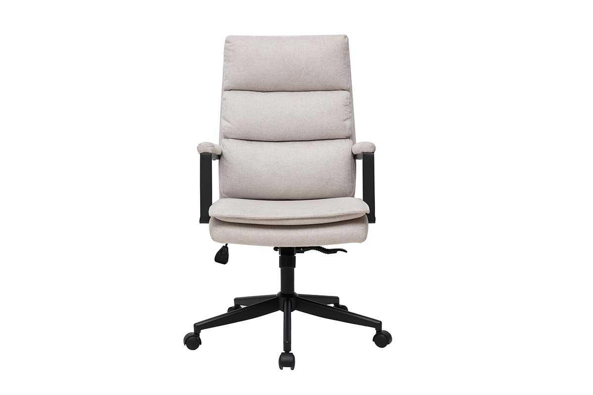 Fauteuil de bureau � roulettes en tissu beige, vue de face, structure m�tal noir.