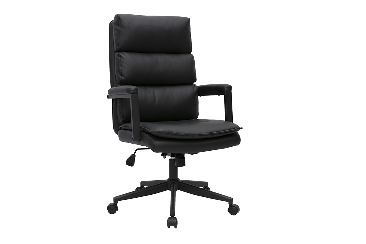 Fauteuil de bureau � roulettes noir SAEL, vue de 3/4 avec accoudoirs et assise rembourr�e.