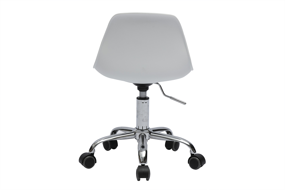 Fauteuil de bureau blanc enfant � roulettes, design moderne avec pieds m�talliques chrom�s. Vue de dos.