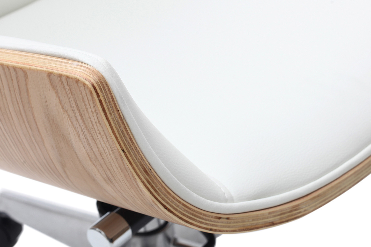 Fauteuil de bureau de direction design blanc, bois clair et acier chrom� CURVED