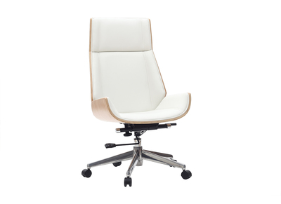 Fauteuil de bureau de direction design blanc, bois clair et acier chrom&eacute; CURVED